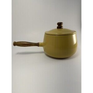 Vintage Fondue Pan Pot Sauce Golden Yellow w/Lid Wood Handle MCM Retro